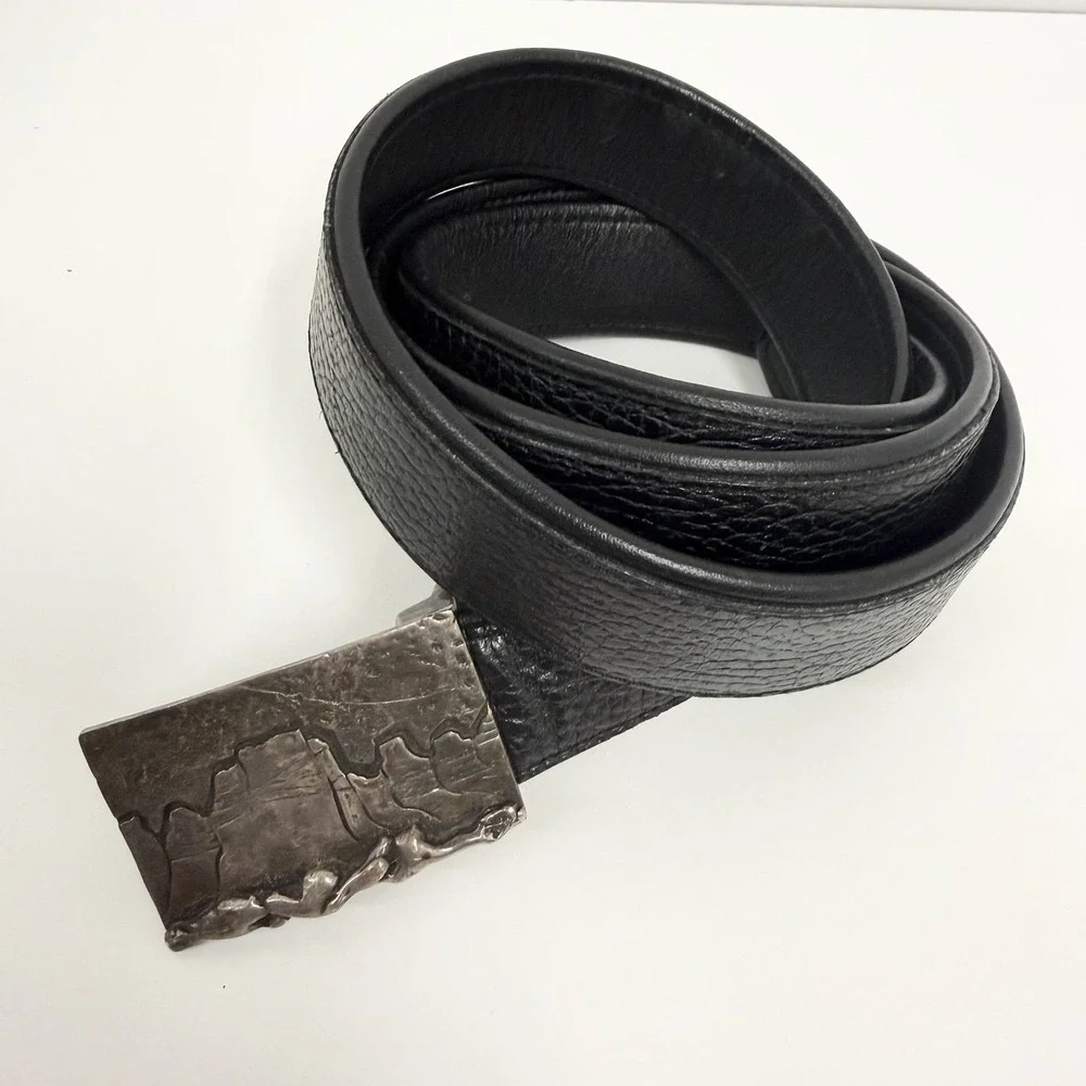 Vintage Sterling QUIN Southwestern Native American Belt Buckle Black Leather Str